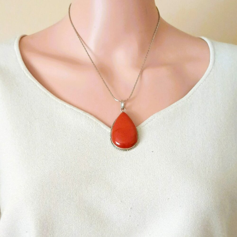 Vtg Teardrop Sandstone Necklace 17" Silver Cabochon Pendant Rope Trim Jewelry